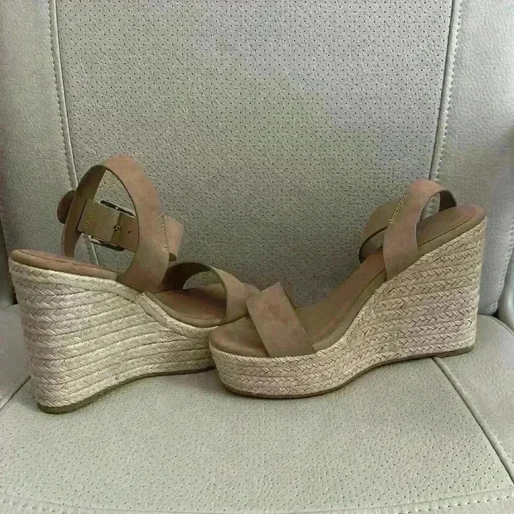 Tan Wedge Sandals with Ankle Strap - Picture 4 of 7